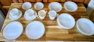 Anchor Hocking Fire King Swirl Gold Rim Milk Glass Dinnerware Set 14 Pieces MCM